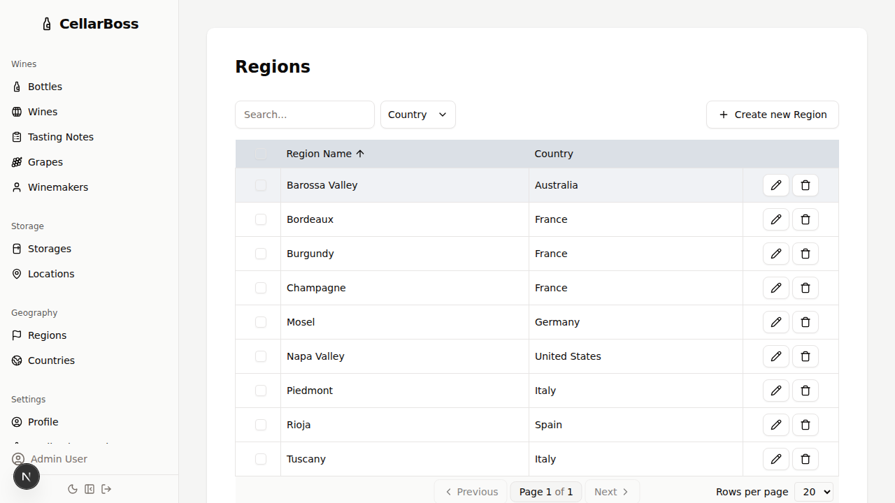 Regions list
