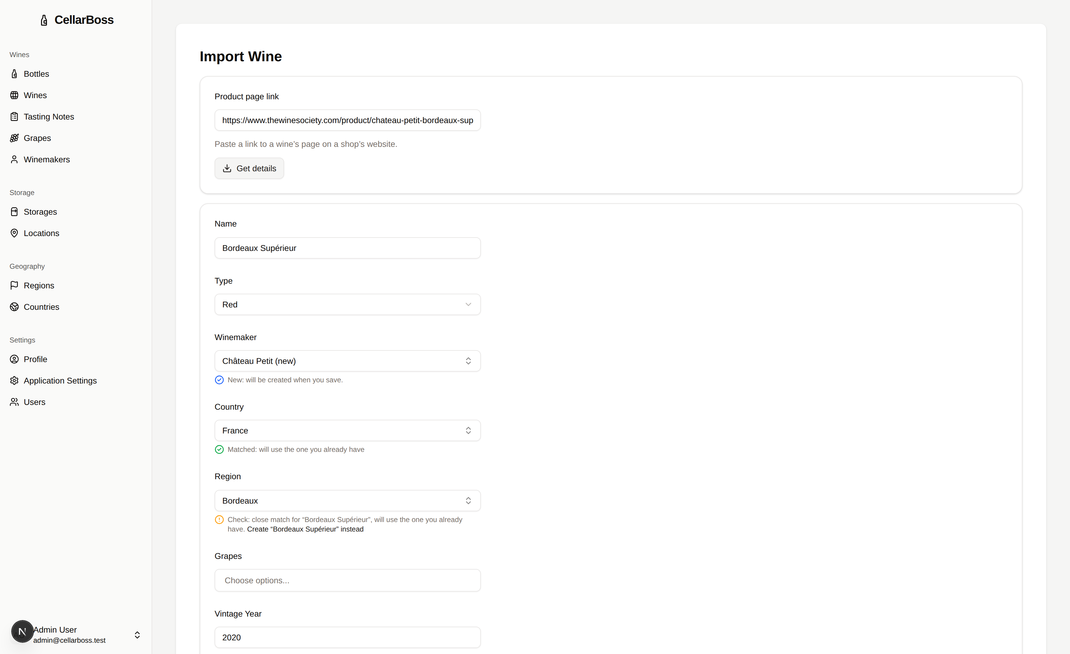 Import a wine from a link