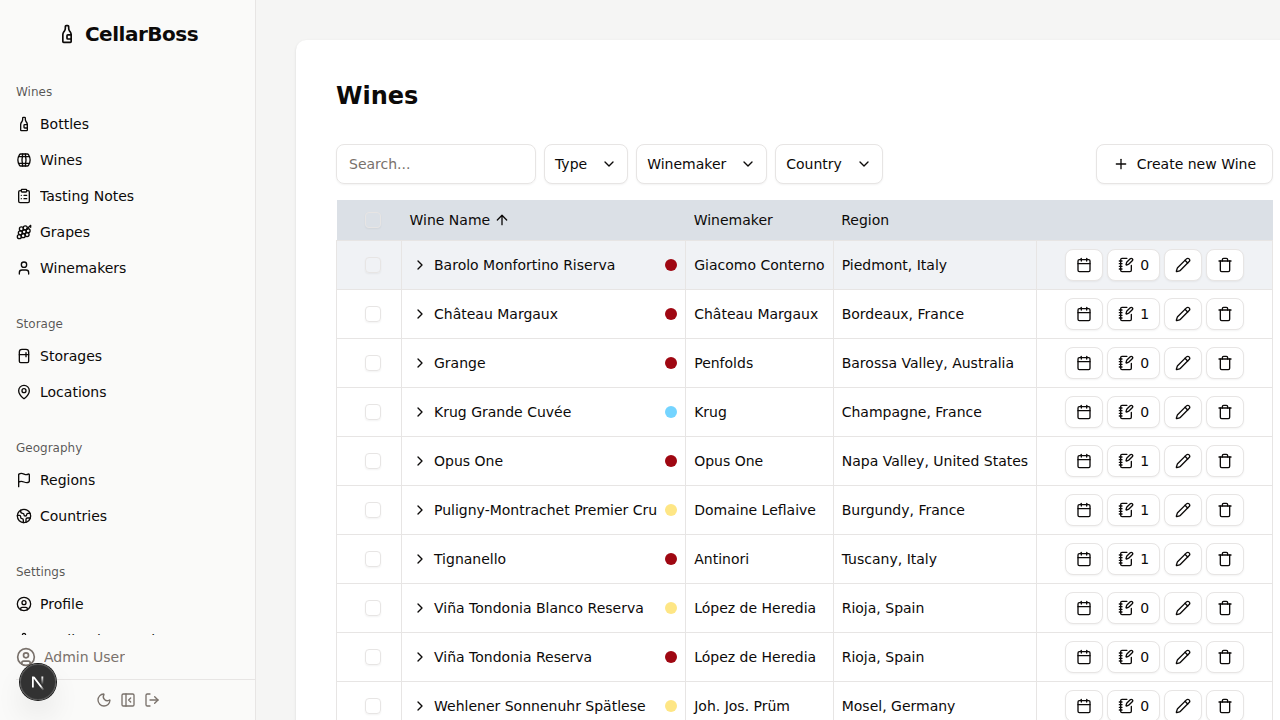Image of CellarBoss application showing a list of wines